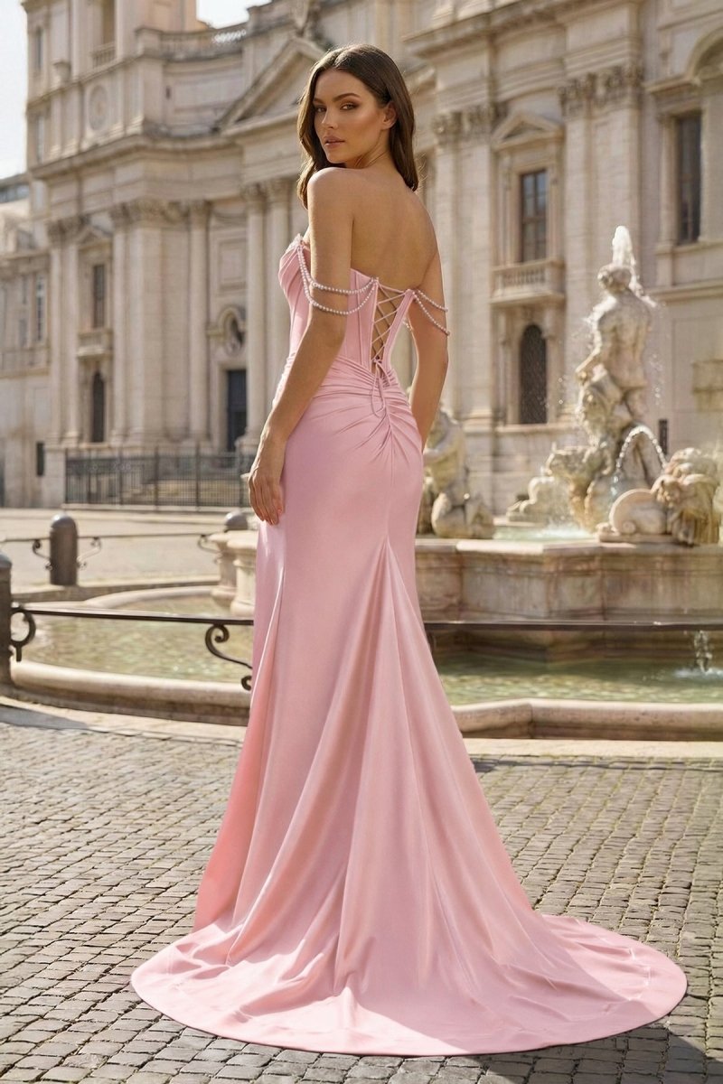 Fuchsia Off The Shoulder Satin Pleated Mermaid Evening Dress With Beading - Curvevia