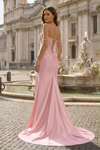 Fuchsia Off The Shoulder Satin Pleated Mermaid Evening Dress With Beading - Curvevia