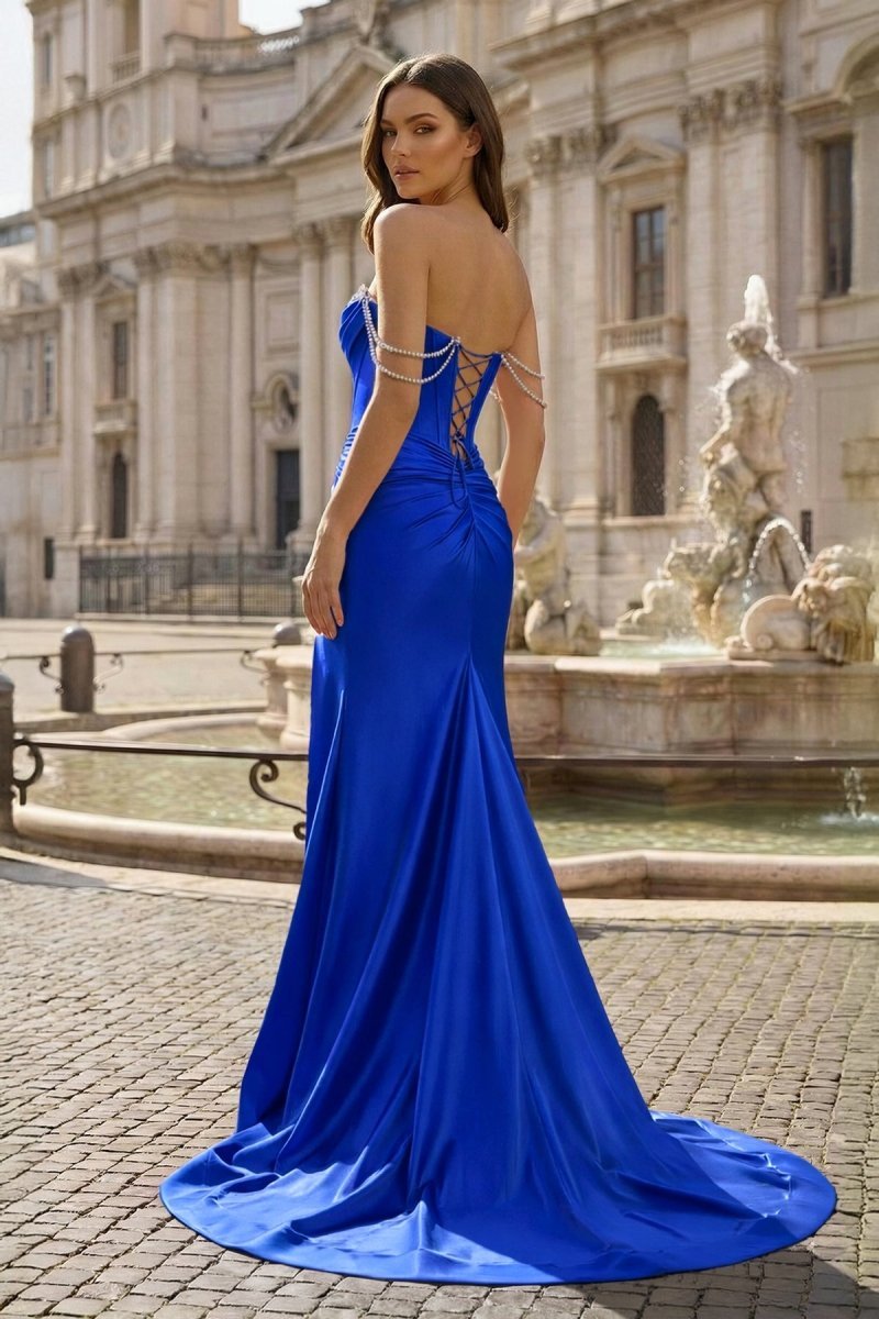Fuchsia Off The Shoulder Satin Pleated Mermaid Evening Dress With Beading - Curvevia