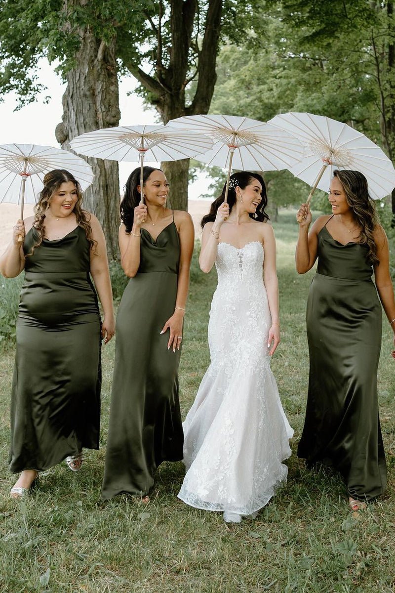 Hunter Green Silk Satin Cowl Neck Bridesmaid Dresses - Curvevia