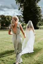 Sheath V Neck Sage Green Silk Satin Bridesmaid Dress with Bow - Curvevia