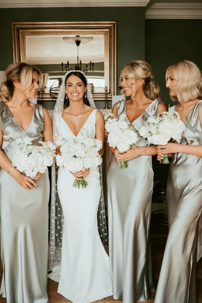 Sheath V Neck Sage Green Silk Satin Bridesmaid Dress with Bow - Curvevia