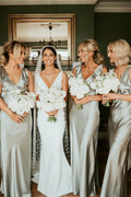 Sheath V Neck Sage Green Silk Satin Bridesmaid Dress with Bow - Curvevia