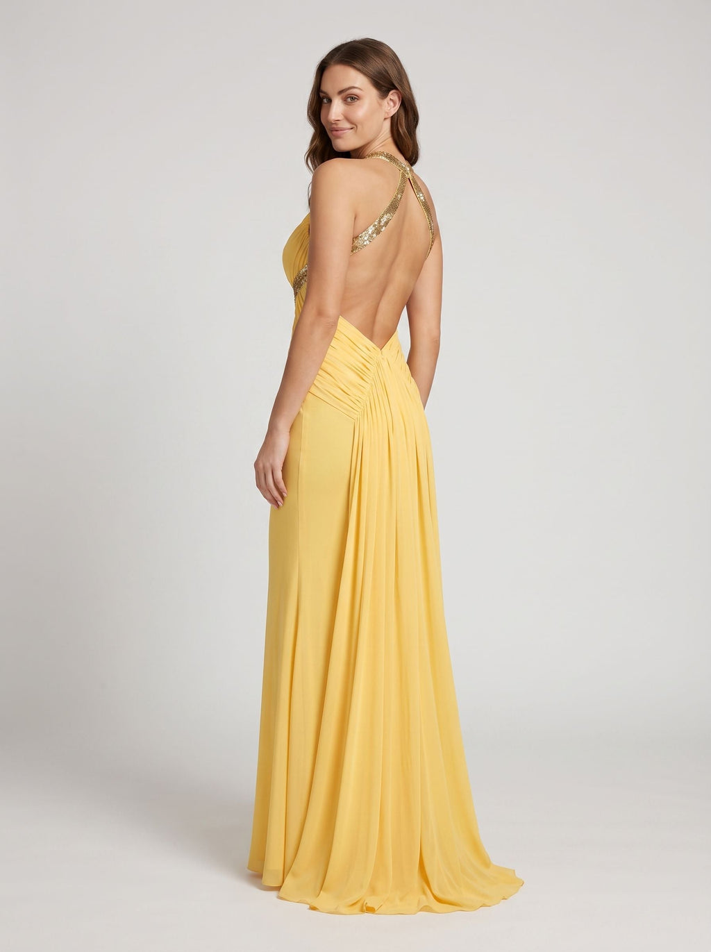 Daffodil Chiffon Mermaid Halter neckline Backless Floor-Length Dress with Pleating - Curvevia