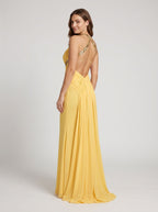 Daffodil Chiffon Mermaid Halter neckline Backless Floor-Length Dress with Pleating - Curvevia