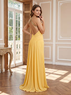 Daffodil Chiffon Mermaid Halter neckline Backless Floor-Length Dress with Pleating - Curvevia