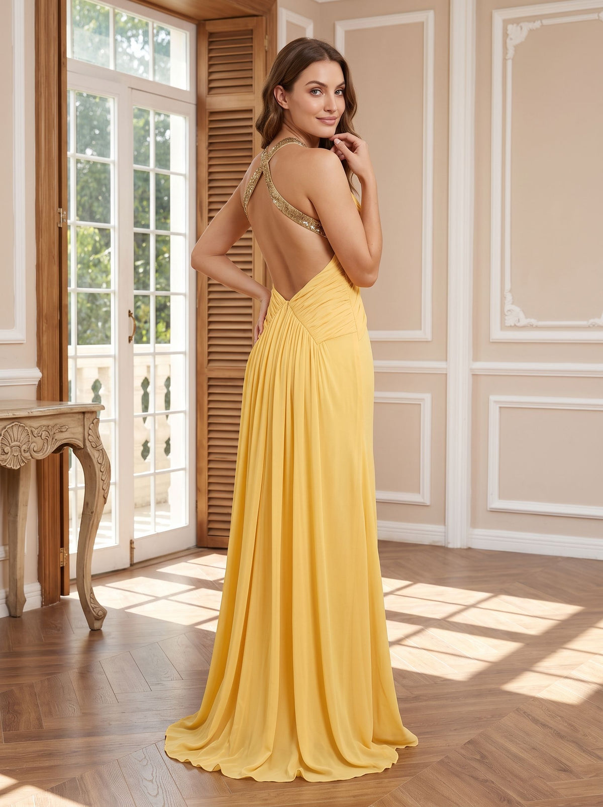 Daffodil Chiffon Mermaid Halter neckline Backless Floor-Length Dress with Pleating - Curvevia
