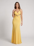 Daffodil Chiffon Mermaid Halter neckline Backless Floor-Length Dress with Pleating - Curvevia