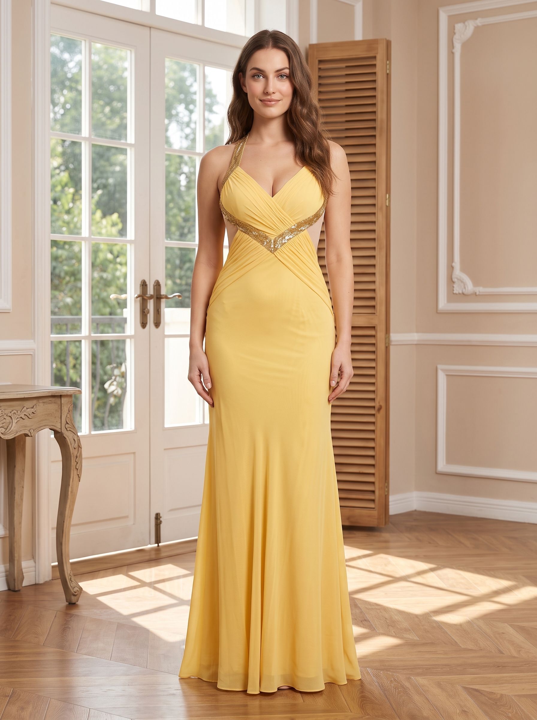 Daffodil Chiffon Mermaid Halter neckline Backless Floor-Length Dress with Pleating - Curvevia