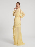 Daffodil Chiffon Mermaid Scoop Neck Keyhole Back Floor-Length Dress with Ruched Bodice - Curvevia