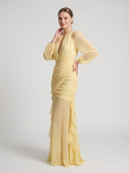 Daffodil Chiffon Mermaid Scoop Neck Keyhole Back Floor-Length Dress with Ruched Bodice - Curvevia