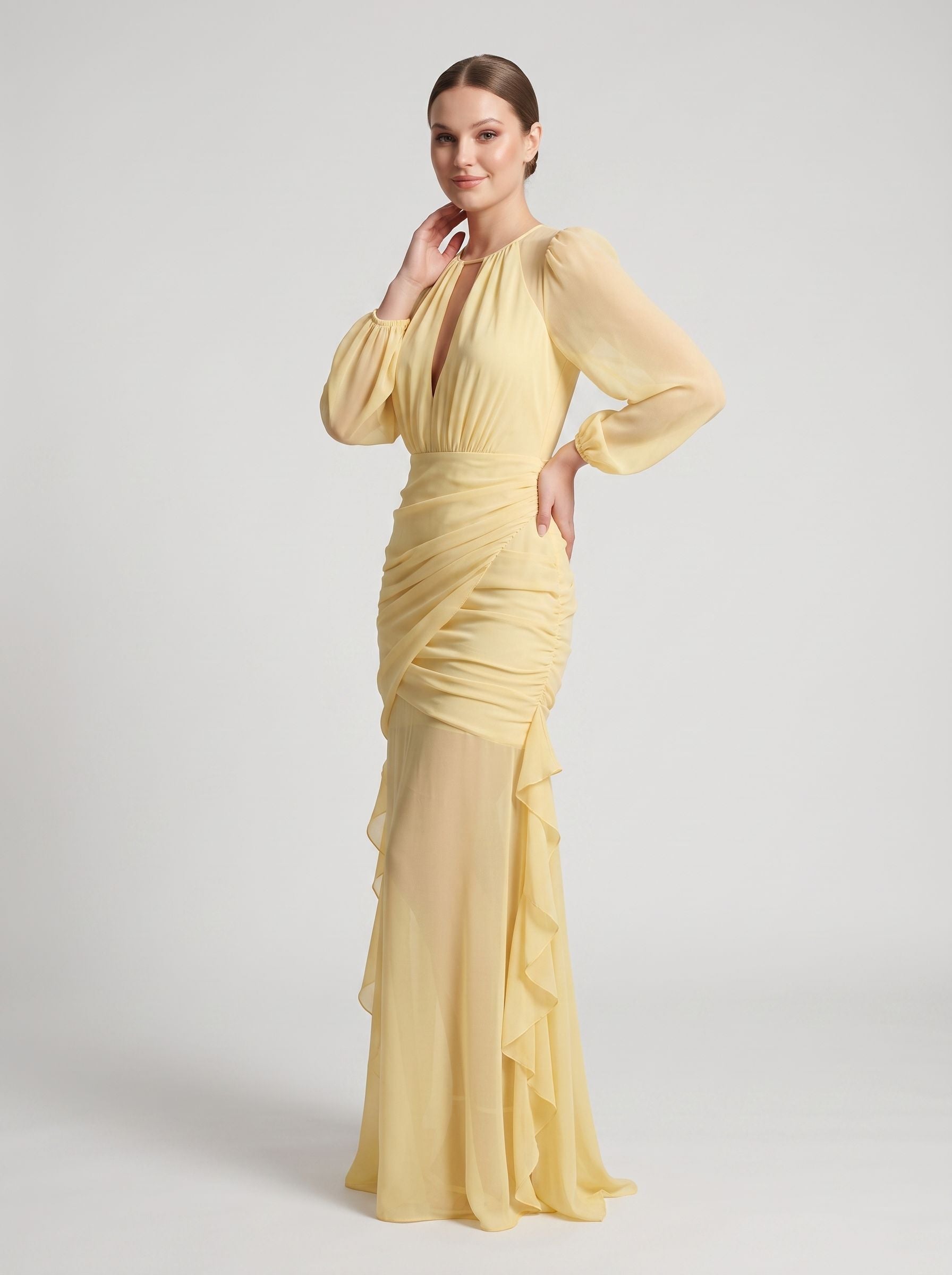 Daffodil Chiffon Mermaid Scoop Neck Keyhole Back Floor-Length Dress with Ruched Bodice - Curvevia