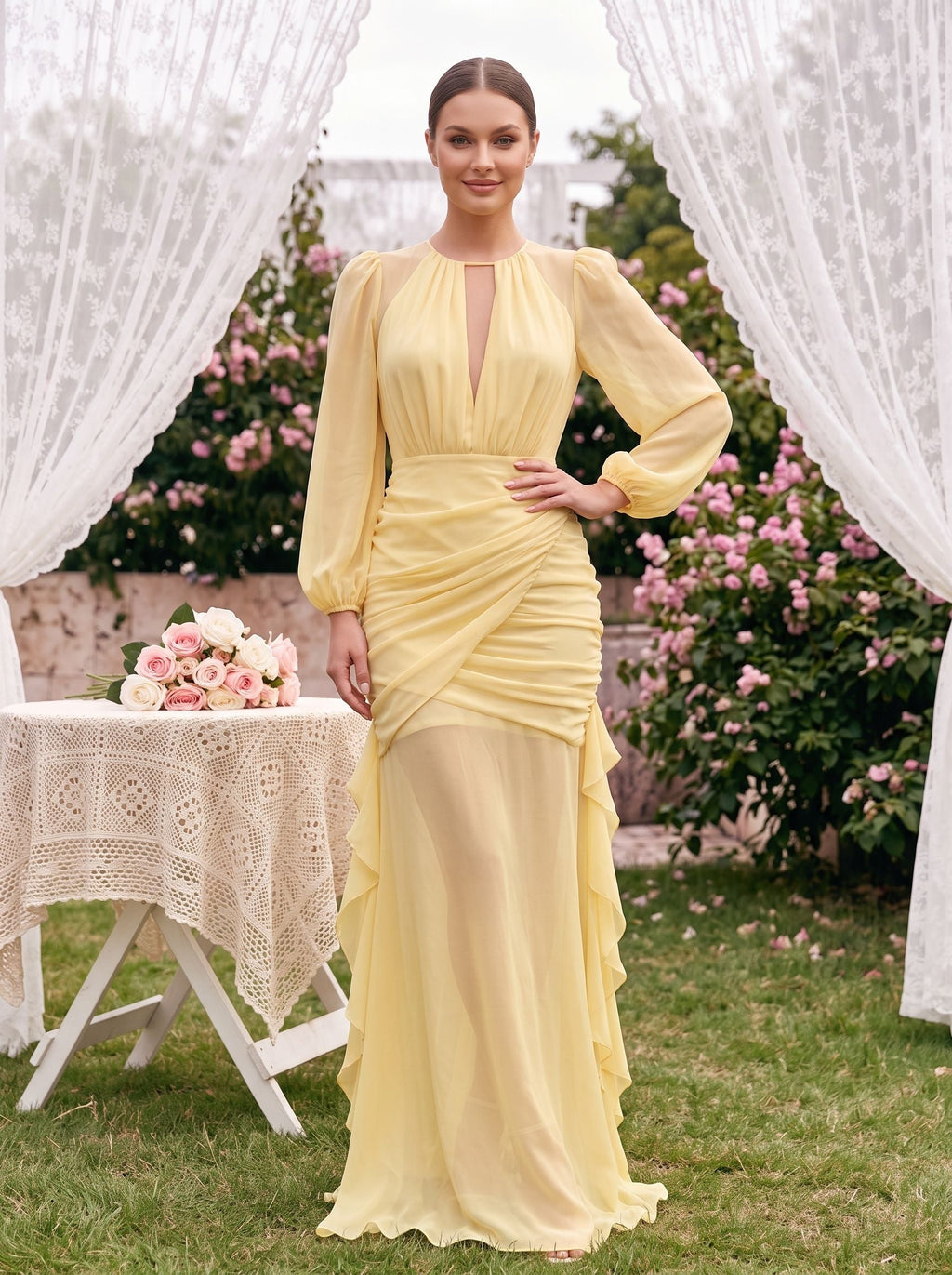 Daffodil Chiffon Mermaid Scoop Neck Keyhole Back Floor-Length Dress with Ruched Bodice - Curvevia
