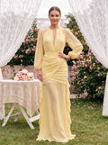 Daffodil Chiffon Mermaid Scoop Neck Keyhole Back Floor-Length Dress with Ruched Bodice - Curvevia