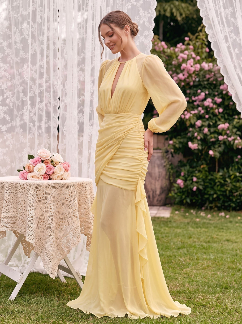 Daffodil Chiffon Mermaid Scoop Neck Keyhole Back Floor-Length Dress with Ruched Bodice - Curvevia