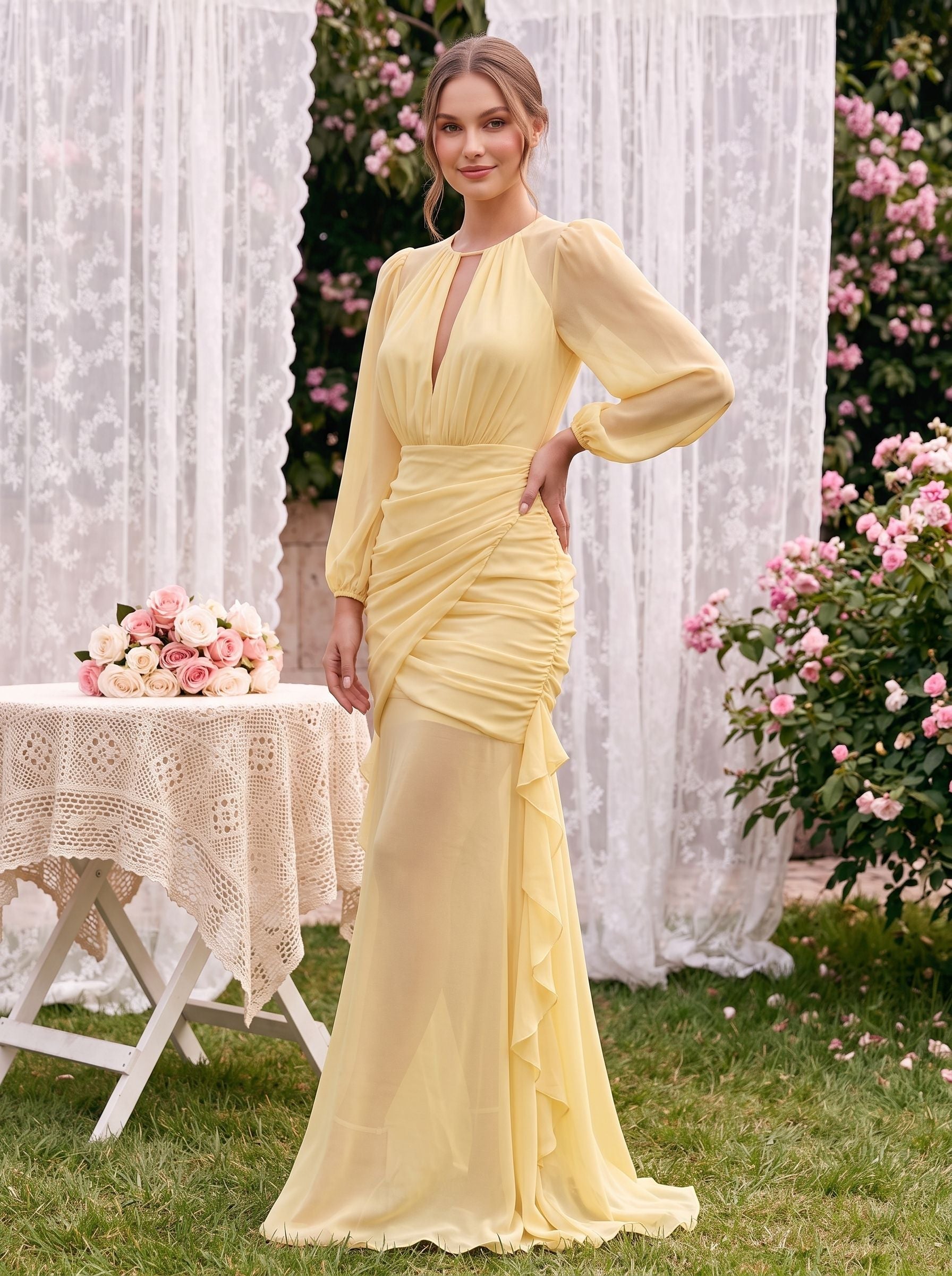 Daffodil Chiffon Mermaid Scoop Neck Keyhole Back Floor-Length Dress with Ruched Bodice - Curvevia