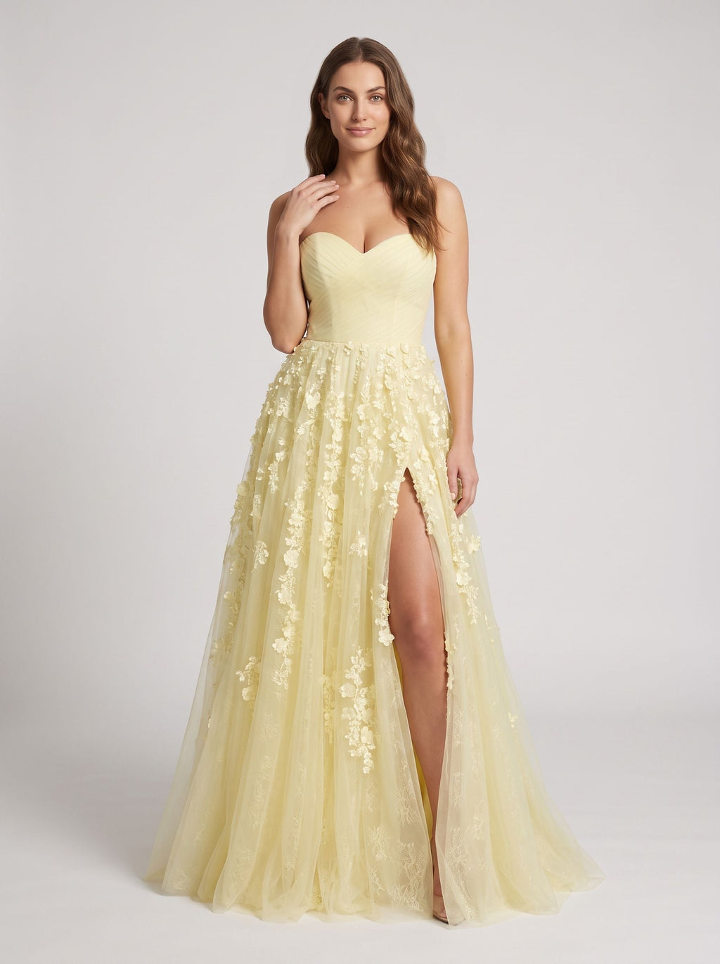 Daffodil Satin A-Line Sweetheart Back Zip Floor-Length Dress with Front Split - Curvevia