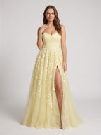Daffodil Satin A-Line Sweetheart Back Zip Floor-Length Dress with Front Split - Curvevia