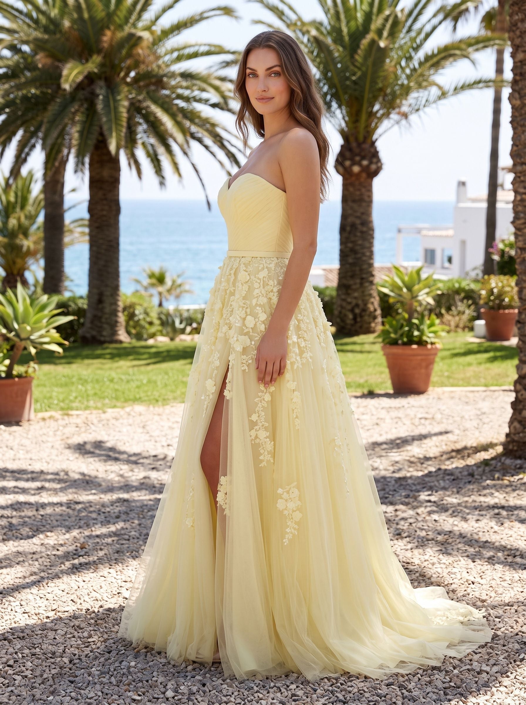 Daffodil Satin A-Line Sweetheart Back Zip Floor-Length Dress with Front Split - Curvevia