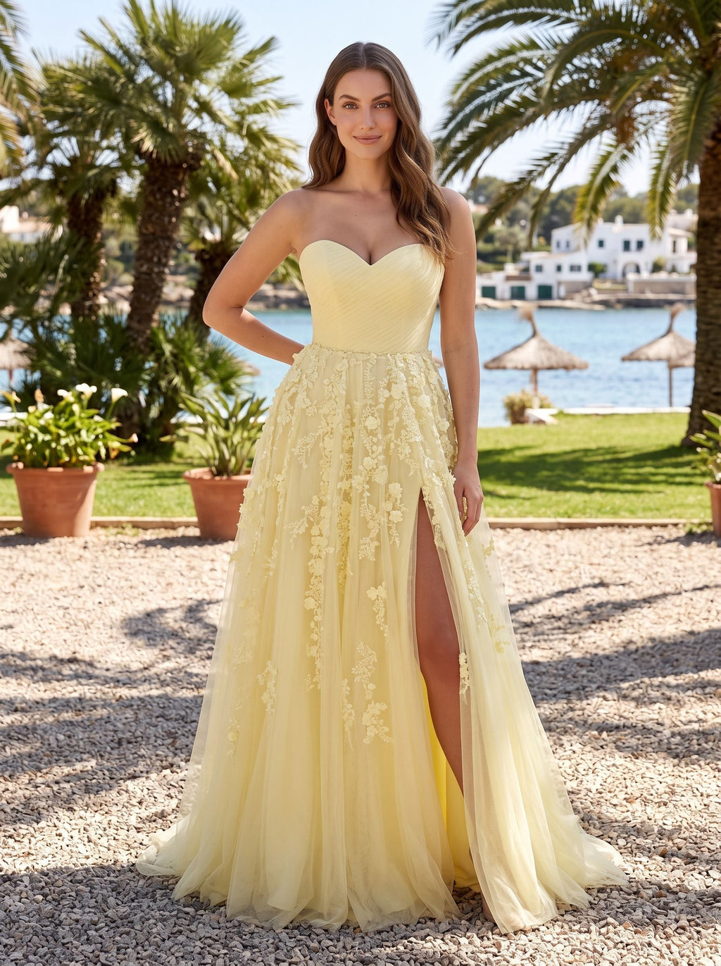Daffodil Satin A-Line Sweetheart Back Zip Floor-Length Dress with Front Split - Curvevia