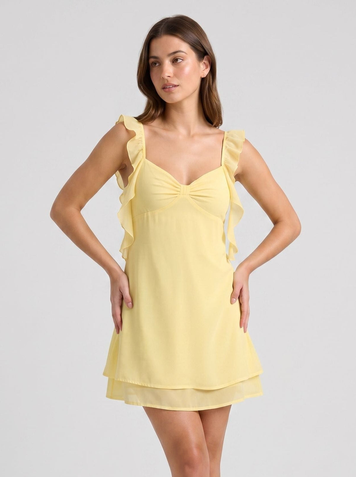 Daffodil Chiffon A-Line V-Neck Backless Short Dress with Ruffles - Curvevia
