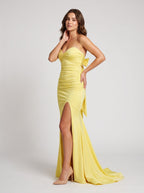Lemon Satin Mermaid Sweetheart Bow Floor-Length Dress - Curvevia