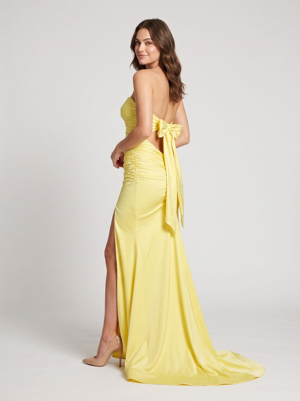 Lemon Satin Mermaid Sweetheart Bow Floor-Length Dress - Curvevia