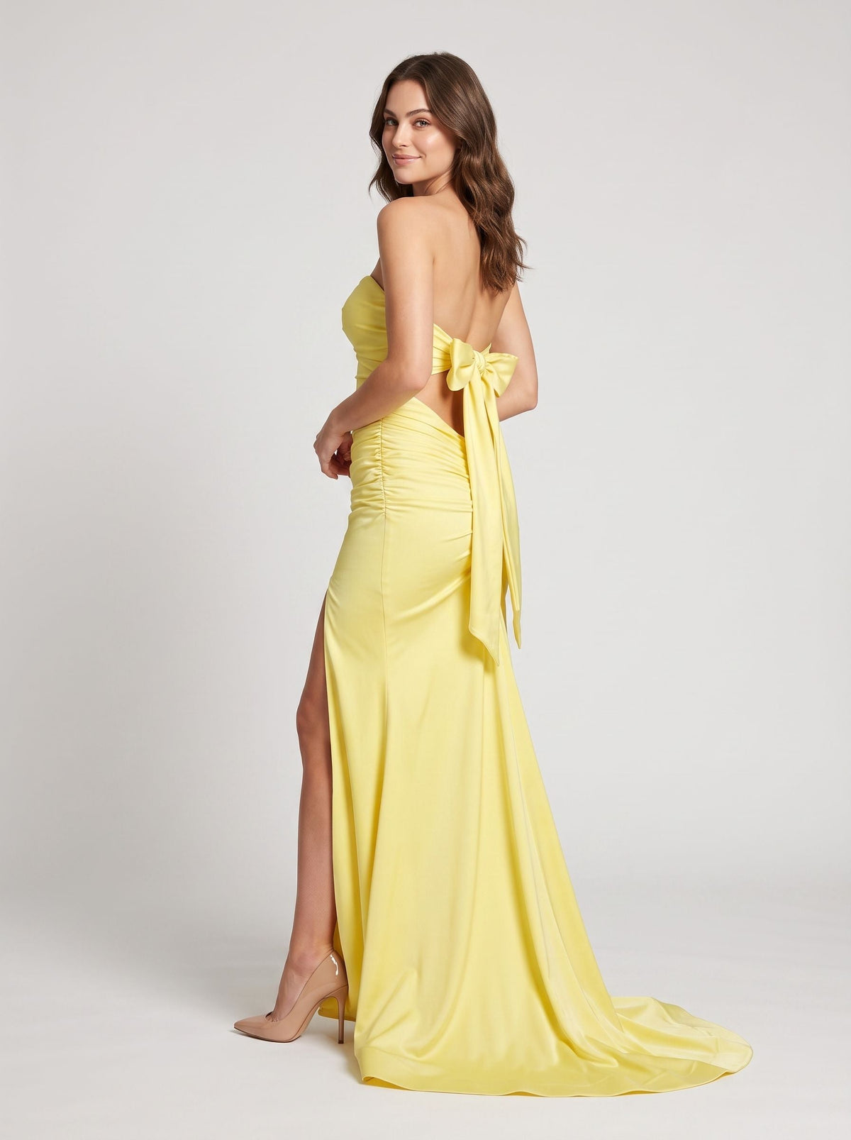 Lemon Satin Mermaid Sweetheart Bow Floor-Length Dress - Curvevia