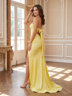 Lemon Satin Mermaid Sweetheart Bow Floor-Length Dress - Curvevia