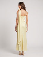Daffodil Satin Column One Shoulder Back Zip Ankle-Length Dress with Waist Sash - Curvevia