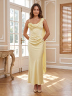 Daffodil Satin Column One Shoulder Back Zip Ankle-Length Dress with Waist Sash - Curvevia