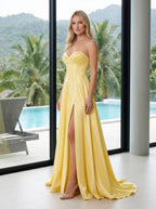 Daffodil Satin A-Line Sweetheart Back Zip Floor-Length Dress with Thigh-High Slit - Curvevia