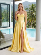 Daffodil Satin A-Line Sweetheart Back Zip Floor-Length Dress with Thigh-High Slit - Curvevia