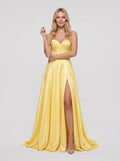 Daffodil Satin A-Line Sweetheart Back Zip Floor-Length Dress with Thigh-High Slit - Curvevia