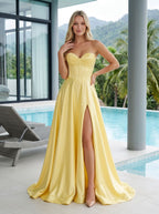 Daffodil Satin A-Line Sweetheart Back Zip Floor-Length Dress with Thigh-High Slit - Curvevia