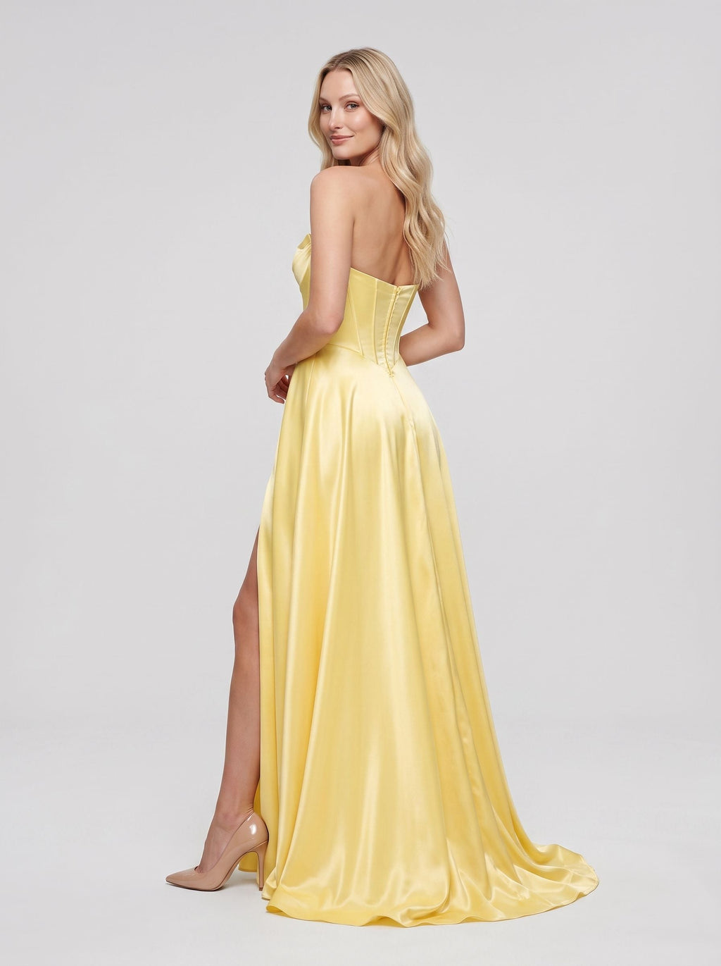 Daffodil Satin A-Line Sweetheart Back Zip Floor-Length Dress with Thigh-High Slit - Curvevia