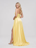 Daffodil Satin A-Line Sweetheart Back Zip Floor-Length Dress with Thigh-High Slit - Curvevia