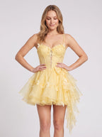 Yellow Tulle A-Line Sweetheart Corset Back Short Dress with Butterfly Appliques - Curvevia
