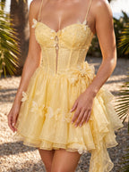 Yellow Tulle A-Line Sweetheart Corset Back Short Dress with Butterfly Appliques - Curvevia