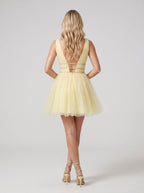 Yellow Tulle A-Line V-Neck Short Dress with Beading - Curvevia