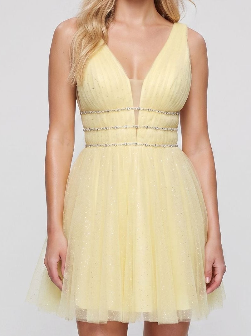 Yellow Tulle A-Line V-Neck Short Dress with Beading - Curvevia
