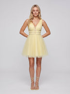 Yellow Tulle A-Line V-Neck Short Dress with Beading - Curvevia