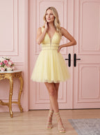 Yellow Tulle A-Line V-Neck Short Dress with Beading - Curvevia
