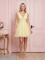 Yellow Tulle A-Line V-Neck Short Dress with Beading - Curvevia