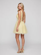 Yellow Tulle A-Line V-Neck Short Dress with Beading - Curvevia