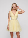Yellow Tulle A-Line V-Neck Short Dress with Beading - Curvevia