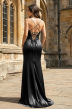 Green Sheer Appliques Satin Mermaid Long Evening Dress - Curvevia