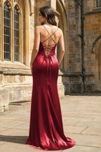 Green Sheer Appliques Satin Mermaid Long Evening Dress - Curvevia