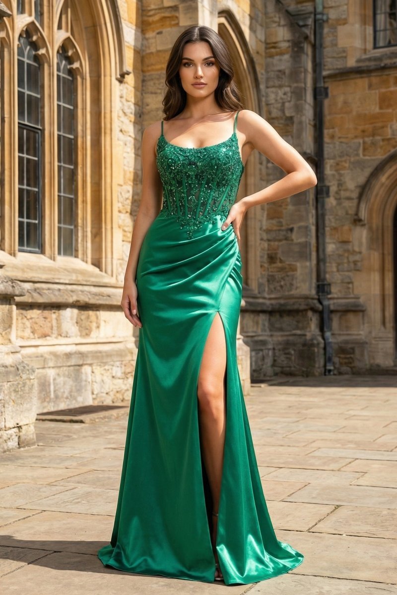 Green Sheer Appliques Satin Mermaid Long Evening Dress - Curvevia