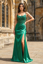 Green Sheer Appliques Satin Mermaid Long Evening Dress - Curvevia